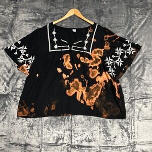 Old Navy Women's XXL Black White Embroidered Top Tassels Bleached Boho Artsy